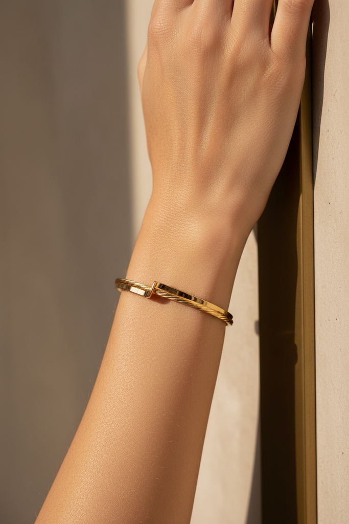 McKinley dual-texture gold open cuff bracelet on-wrist single wear
