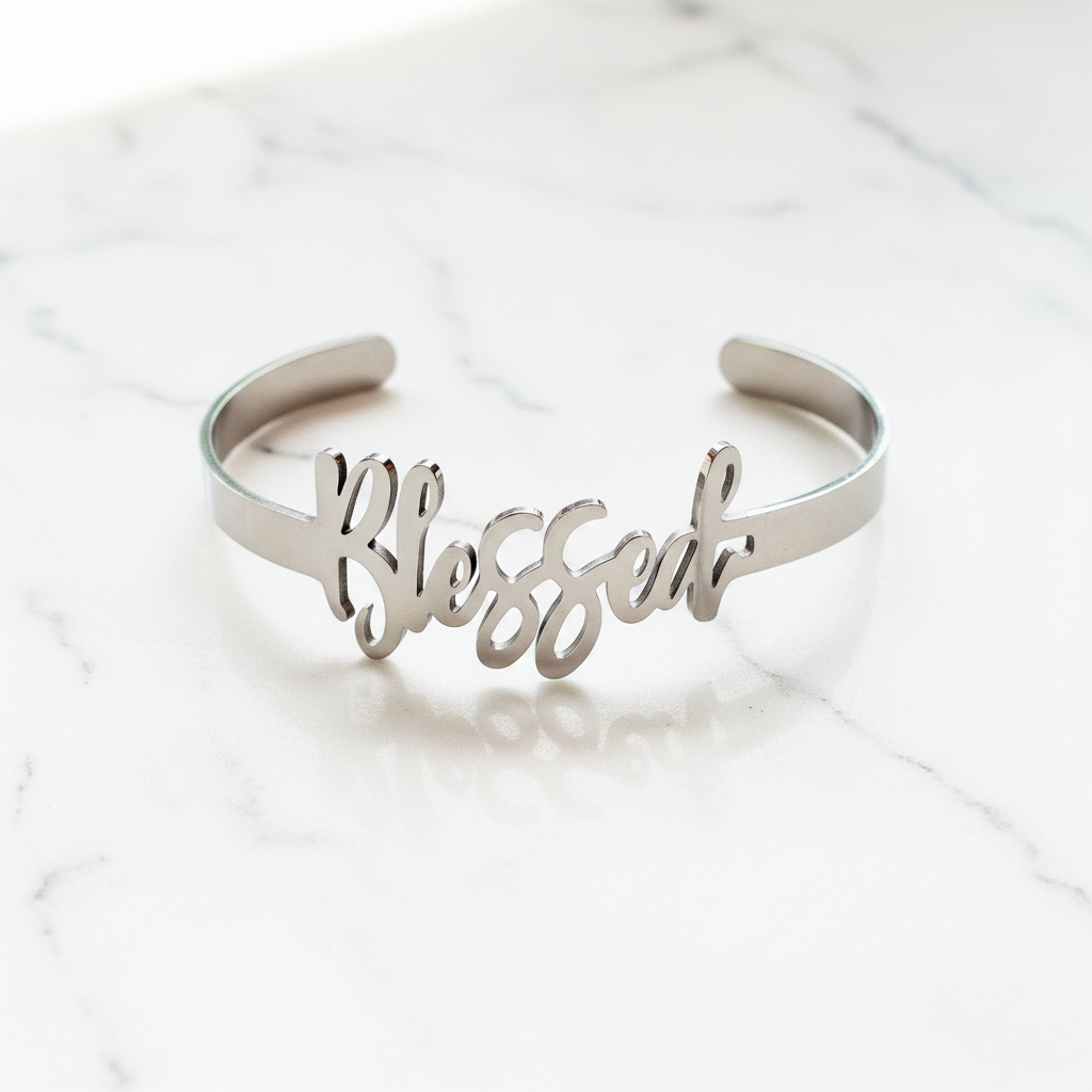 Blessed stainless steel script cuff bracelet flat lay on white marble