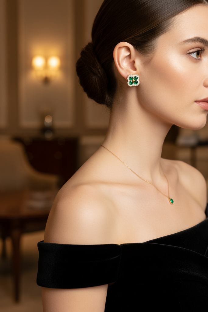 Bellamy Stud Earrings styled with an elegant evening outfit