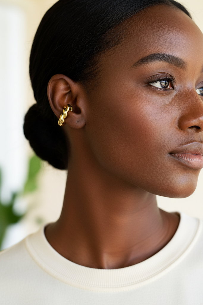 Gold Ear Cuff - lifestyle white cream outfit sleek bun
