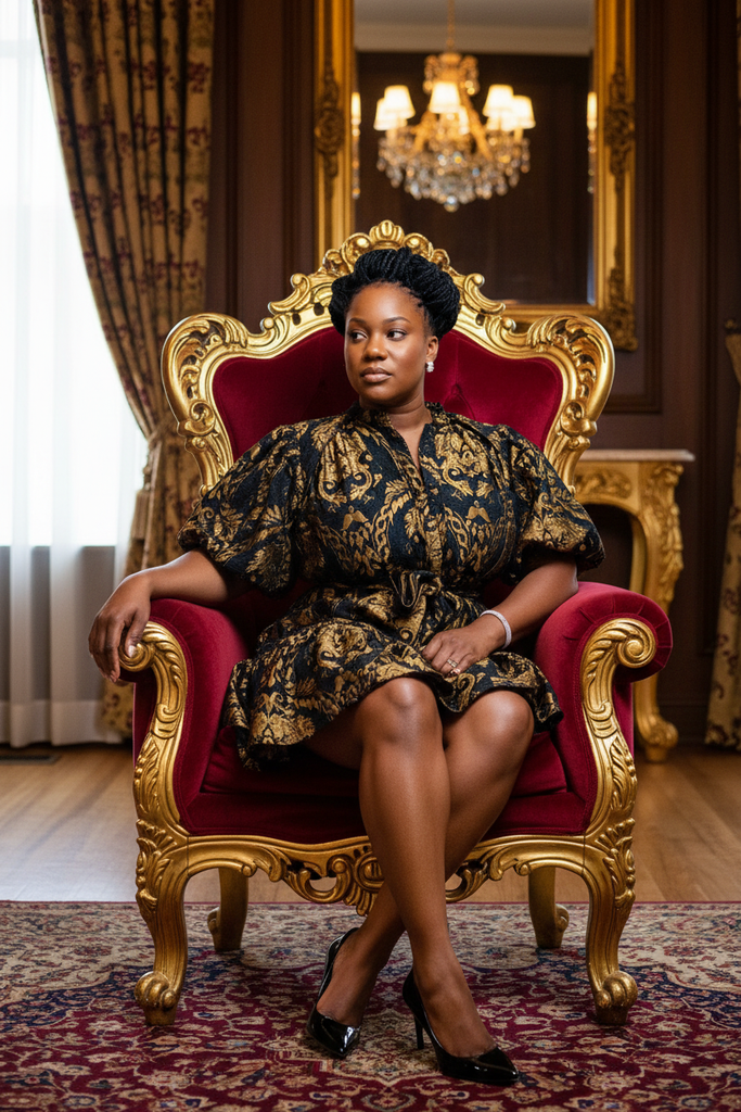 Gabrielle Dress - seated on velvet ornate gold throne chair
