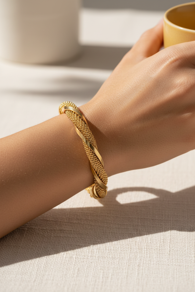 Worthington twisted gold mesh cuff bracelet on-wrist single wear