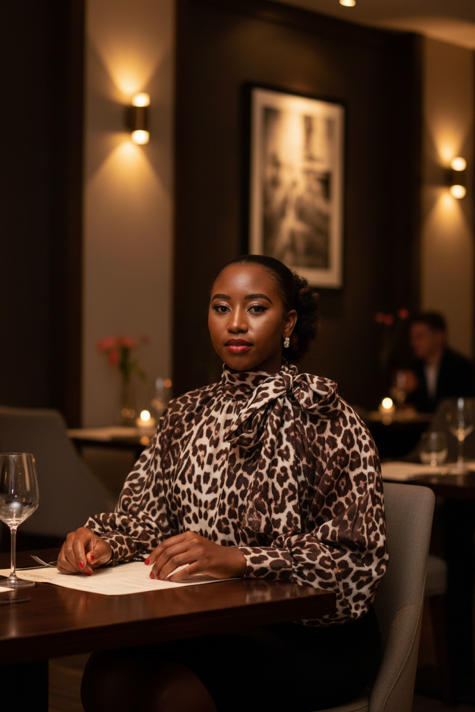 Thema Leopard Top - seated at upscale restaurant event