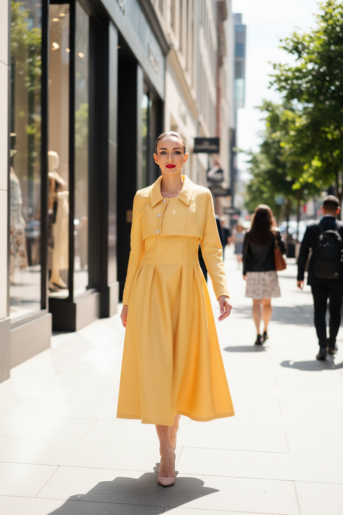 Julia Yellow Two-Piece Set - sunlit city street upscale shopping district