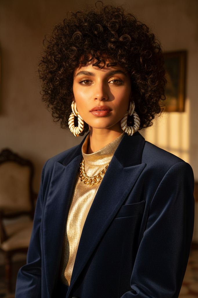 Riley white gold stripe statement earrings styled with bold chic outfit
