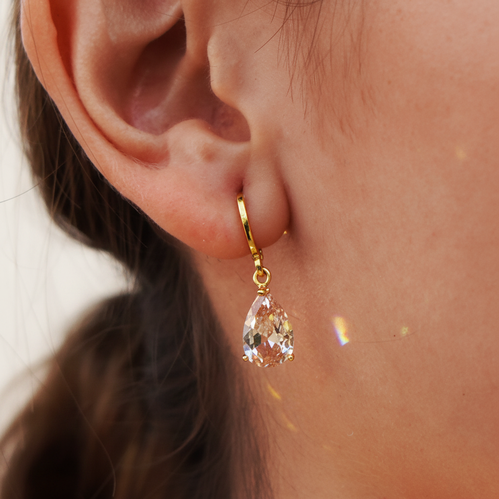 Rory champagne crystal teardrop drop earrings close-up facet detail