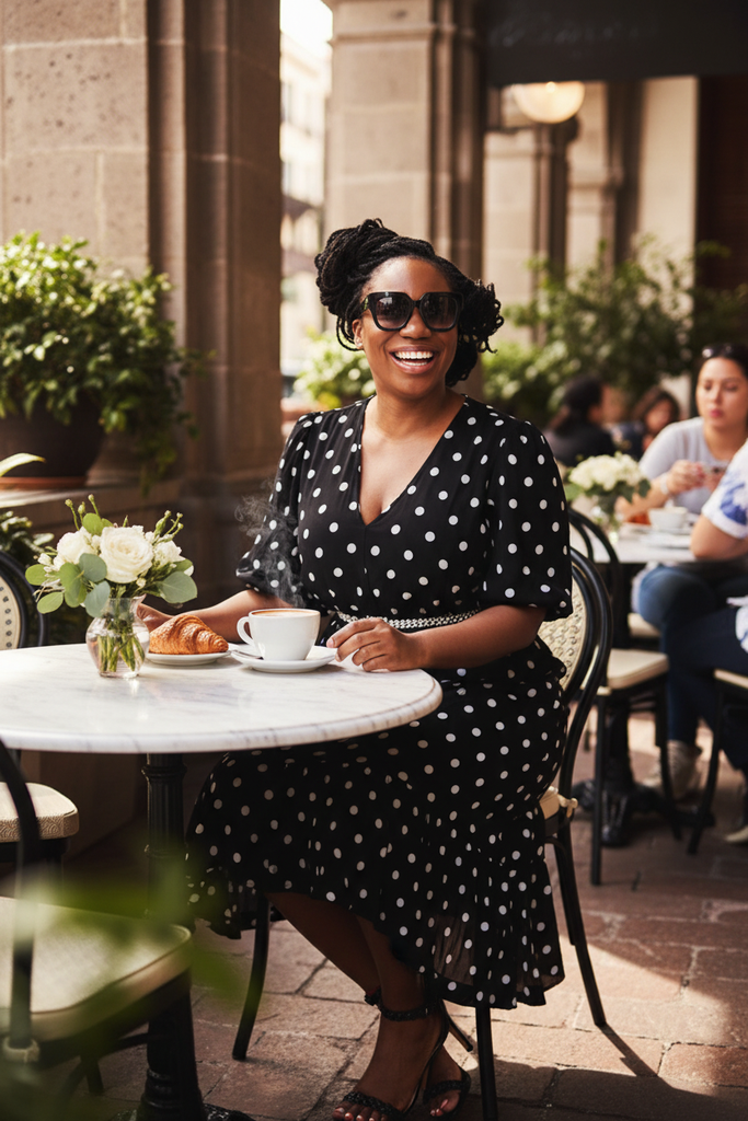Dayla Polka Dot Day Dress - outdoor brunch cafe seated with coffee