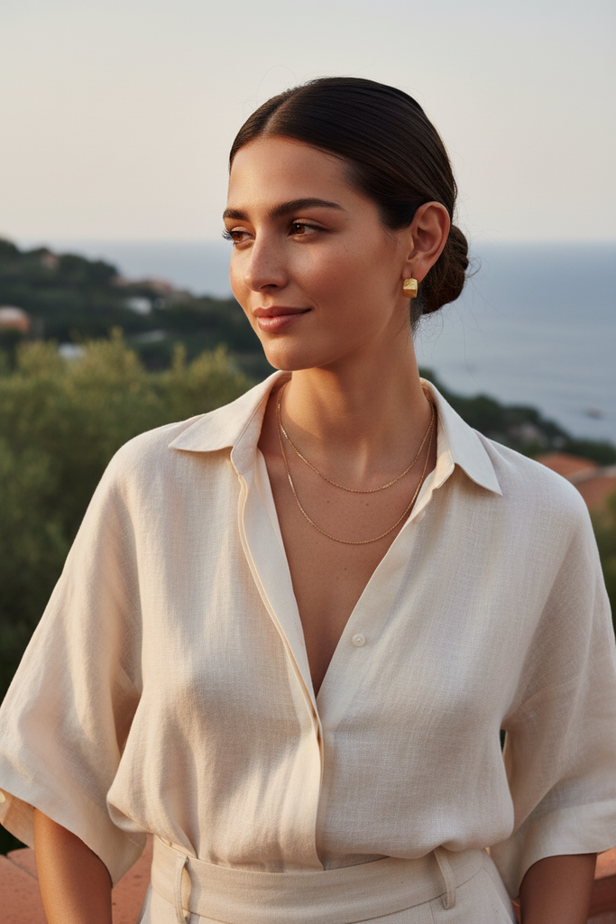 Luca gold textured box hoop earrings styled with casual chic summer outfit