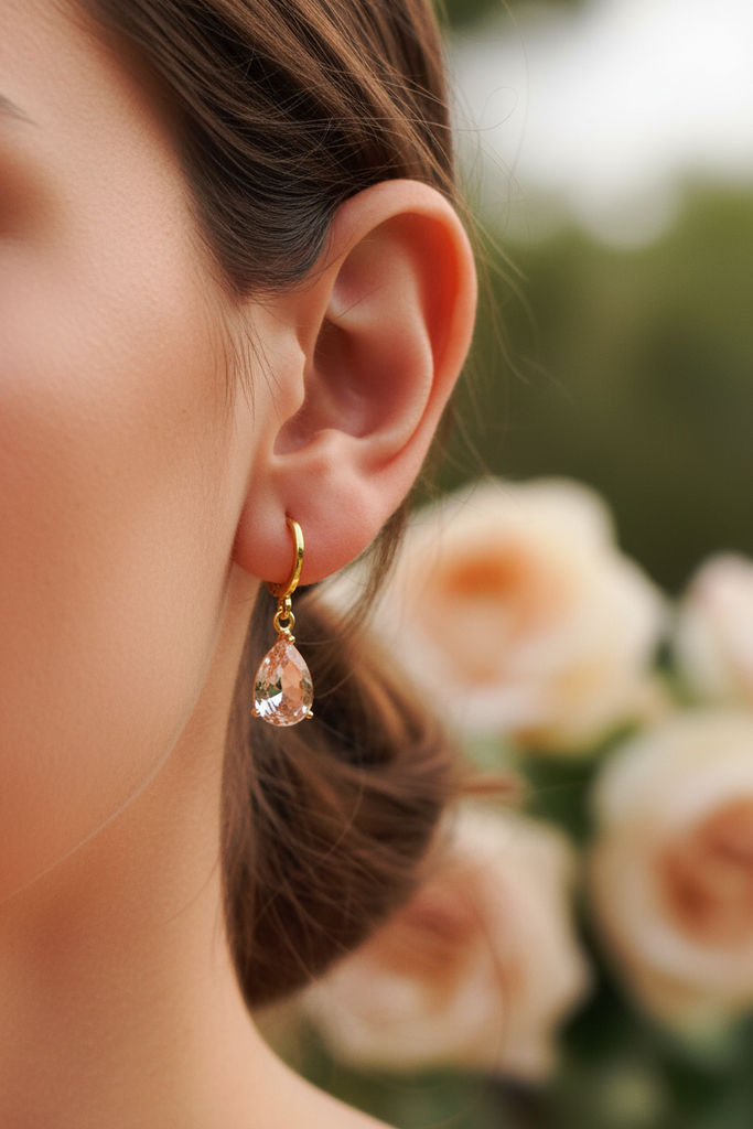 Rory champagne crystal teardrop drop earrings on-ear romantic bridal lifestyle