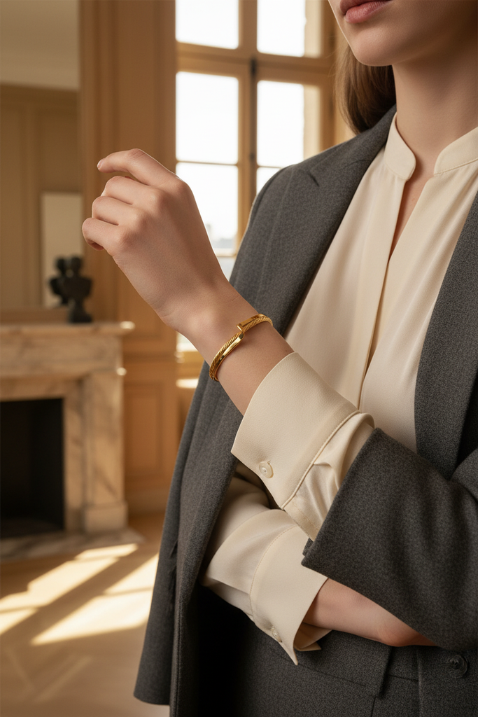 McKinley dual-texture gold open cuff bracelet modern everyday outfit styling