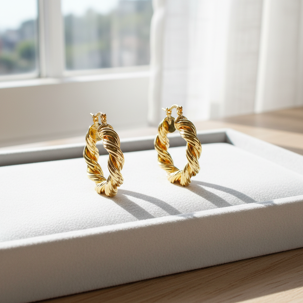 Twisted rope gold plated hoop earrings on white velvet tray