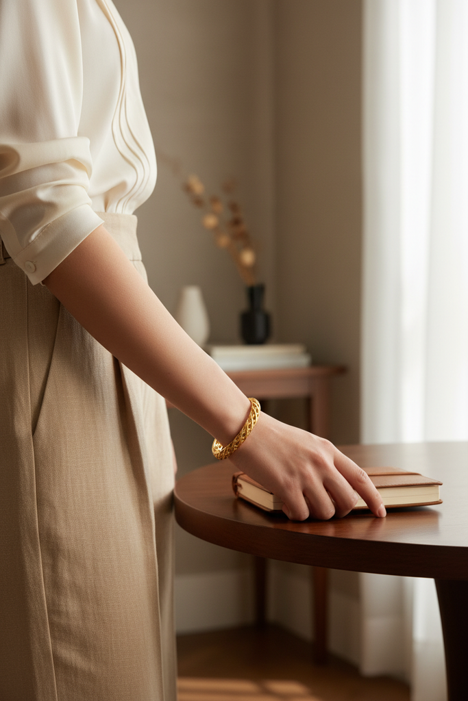Valencia gold lattice bangle elevated outfit styling