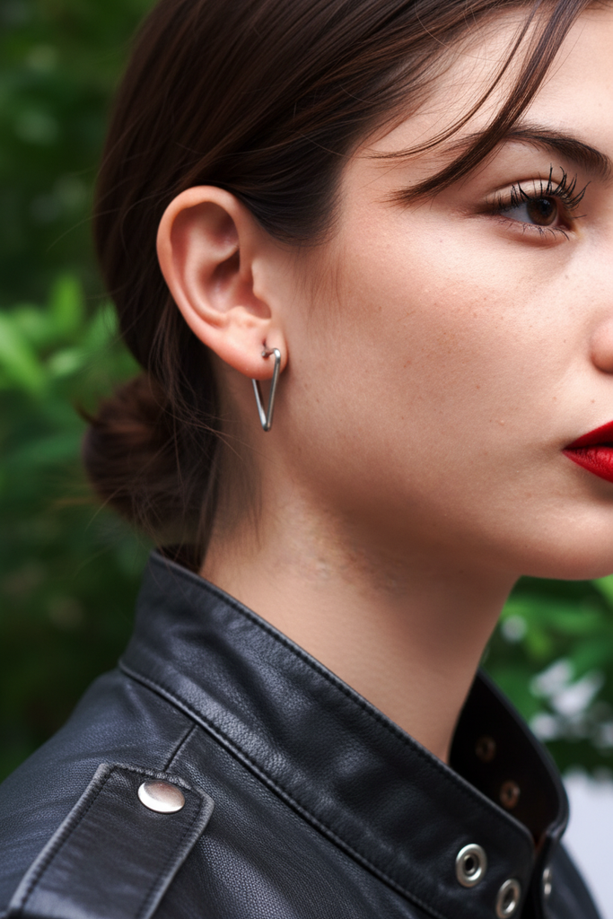 Billie silver triangle hoop earrings on-ear lifestyle editorial shot