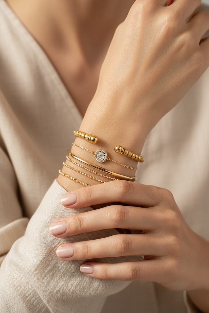 Liya textured beaded gold open cuff bracelet stacked bracelet styling