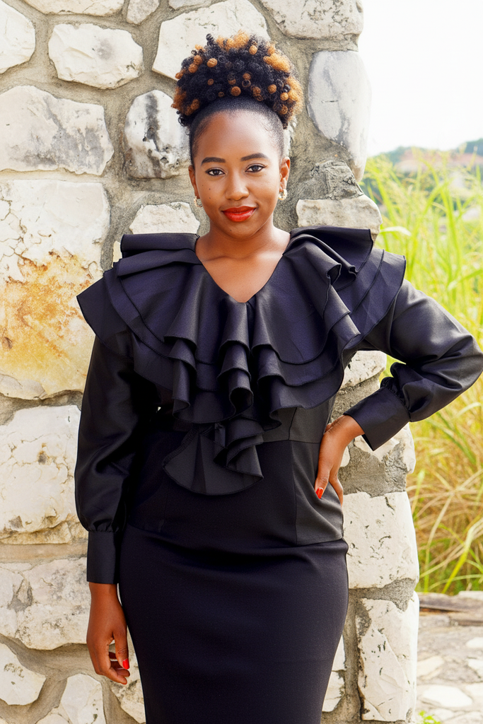 Dodzi Black Ruffle Top - full body outdoor editorial shot