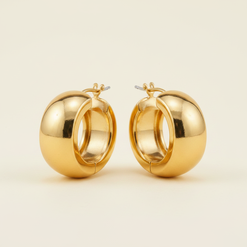 Aponi thick chunky gold hoop earrings close-up wide band detail