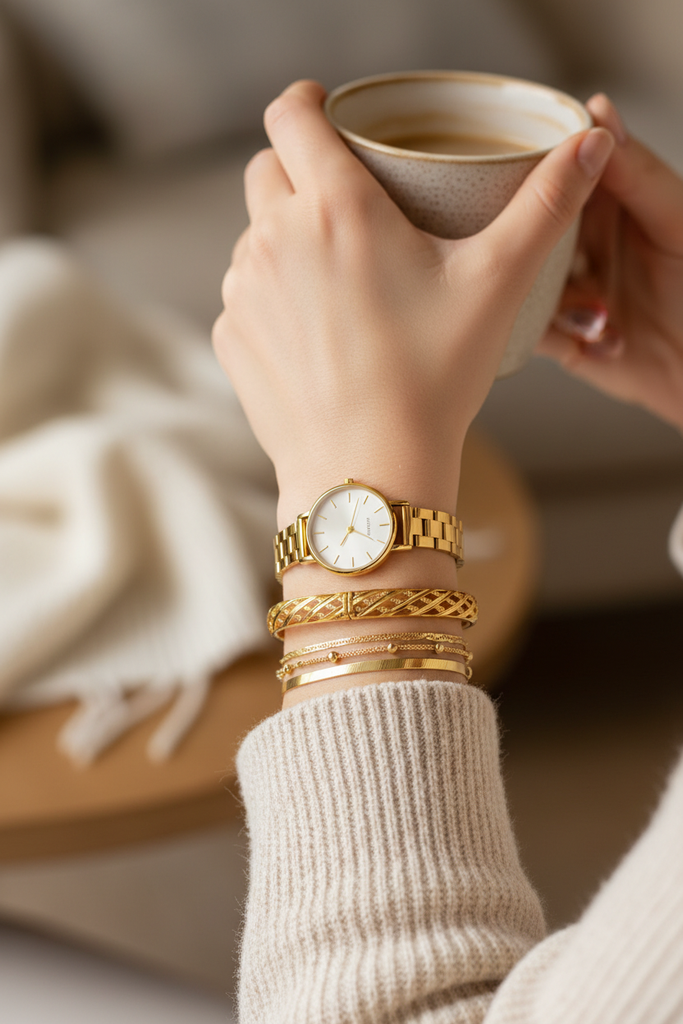 Valencia gold lattice bangle stacked with bracelets and watch