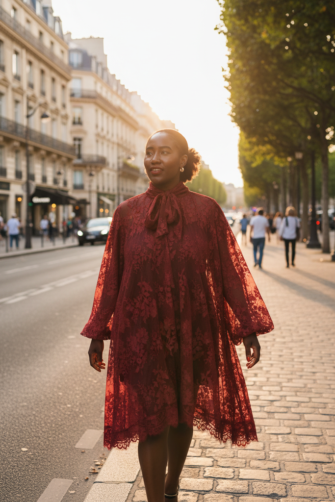 Kossi Lace Oversized Dress burgundy - Parisian street European boulevard