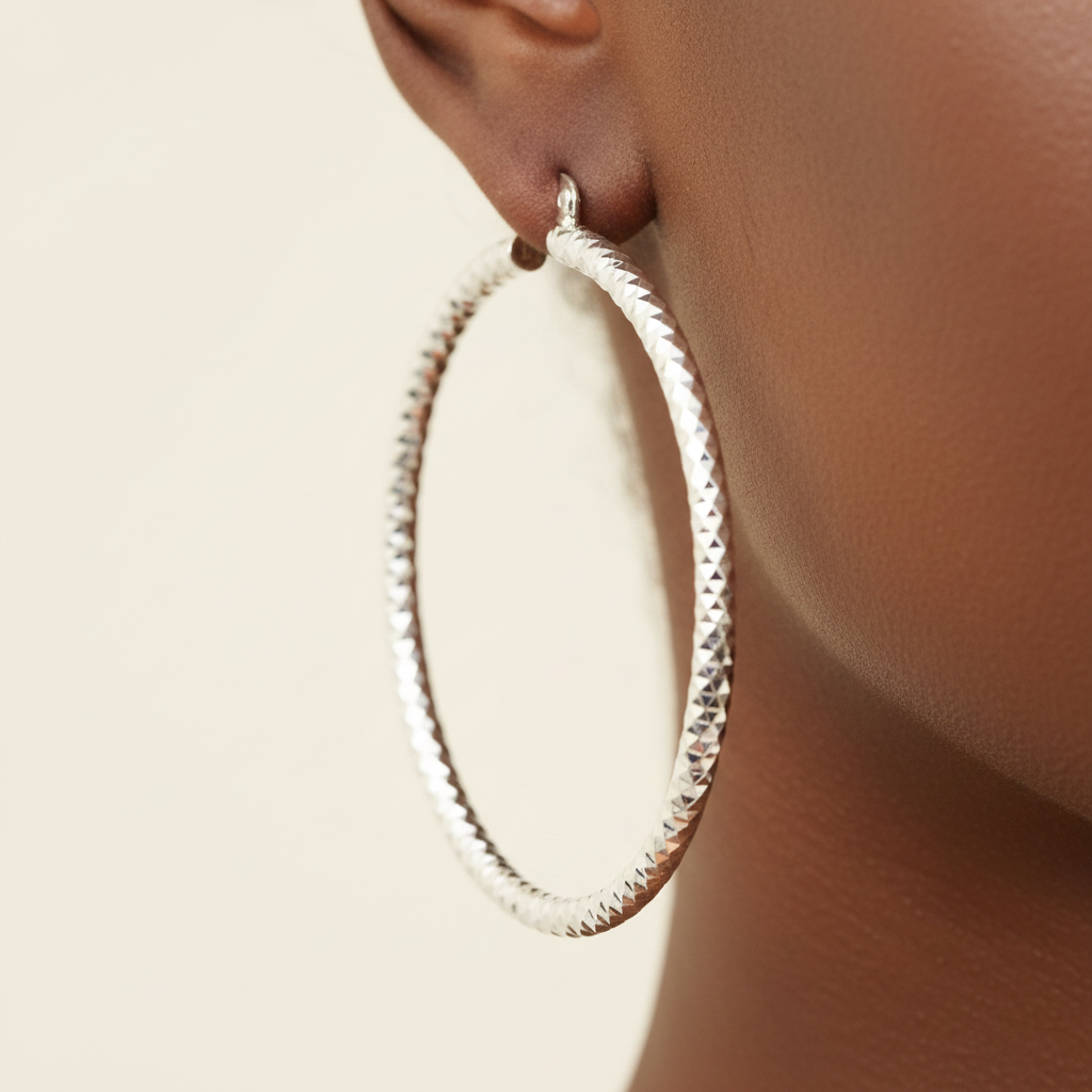 Citali white gold hoop earrings close-up diamond-cut texture detail