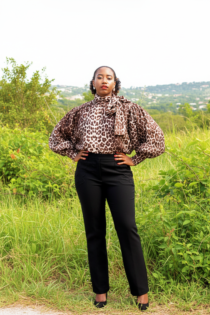Thema Leopard Top - full body with black trousers green outdoor