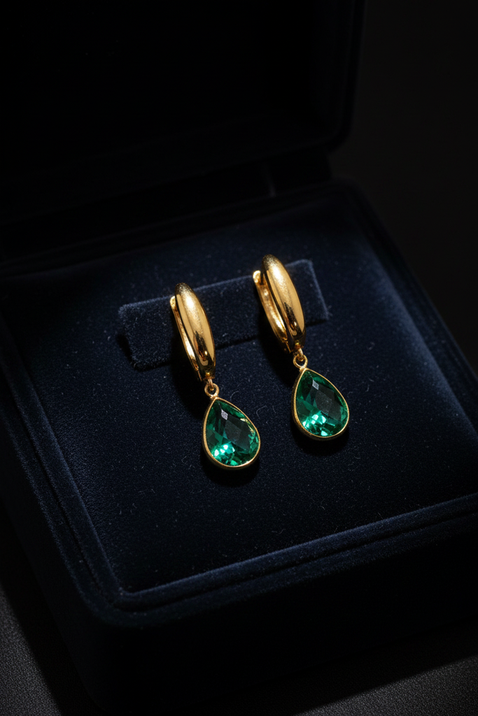 Amelia emerald green stone drop earrings on dark velvet tray
