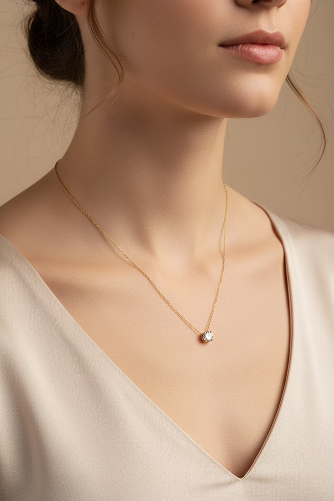 St. Lucia diamond solitaire necklace on-neck décolletage lifestyle