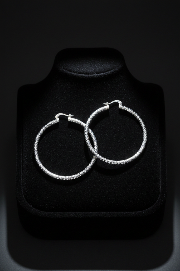 Citali white gold diamond-cut hoop earrings on dark velvet jewelry tray