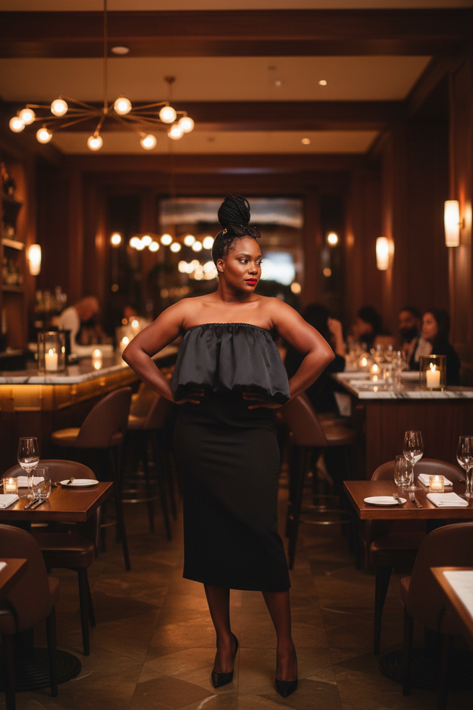 Genevieve Sateen Flutter Top - styled with midi skirt at upscale venue