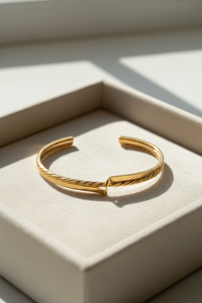 McKinley dual-texture gold open cuff bracelet cream velvet tray display