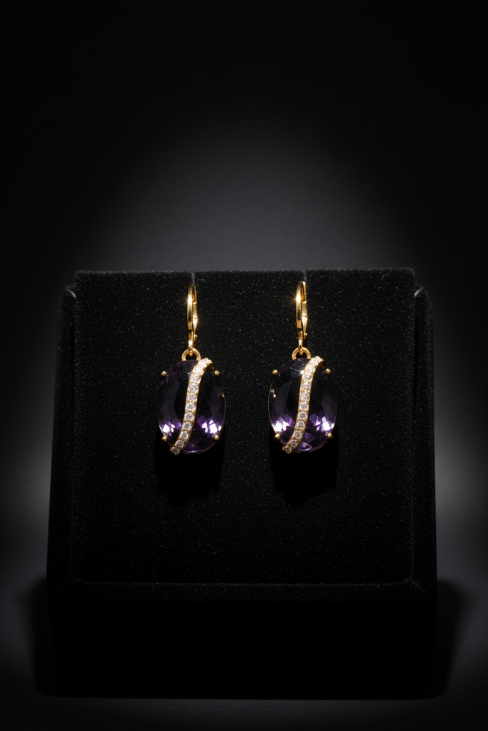 Dakota purple stone drop earrings with lab diamond accent on dark velvet tray
