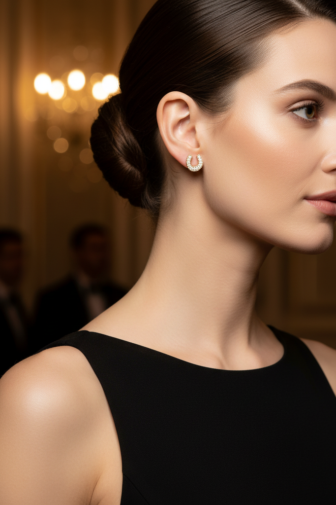 Fallon Horseshoe Stud Earrings - lifestyle black evening outfit