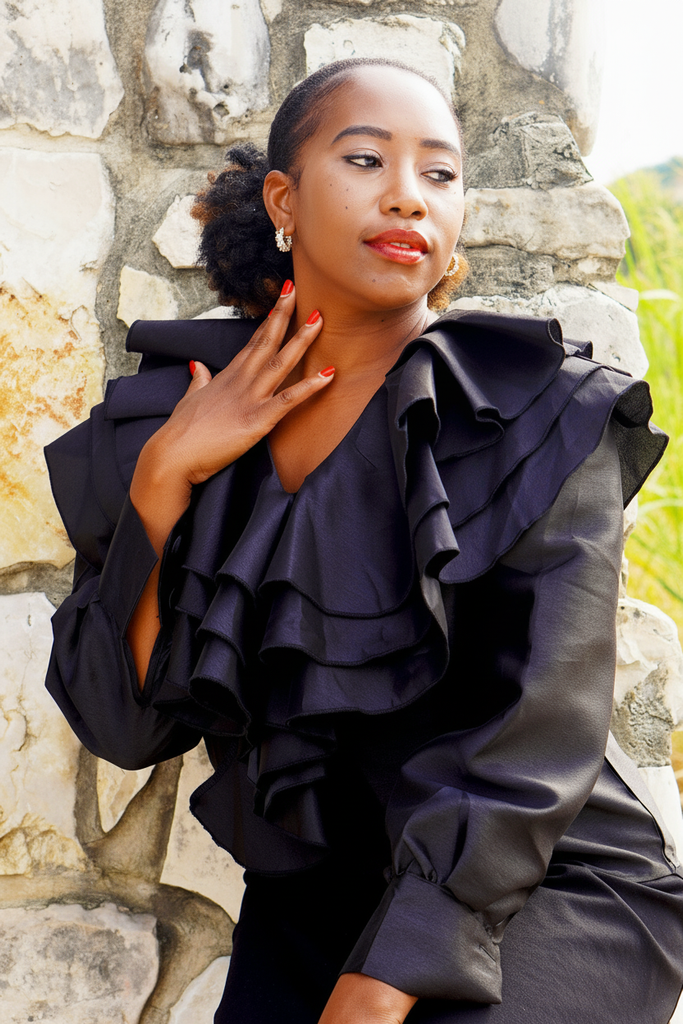 Dodzi Black Ruffle Top - upper body ruffle detail close-up