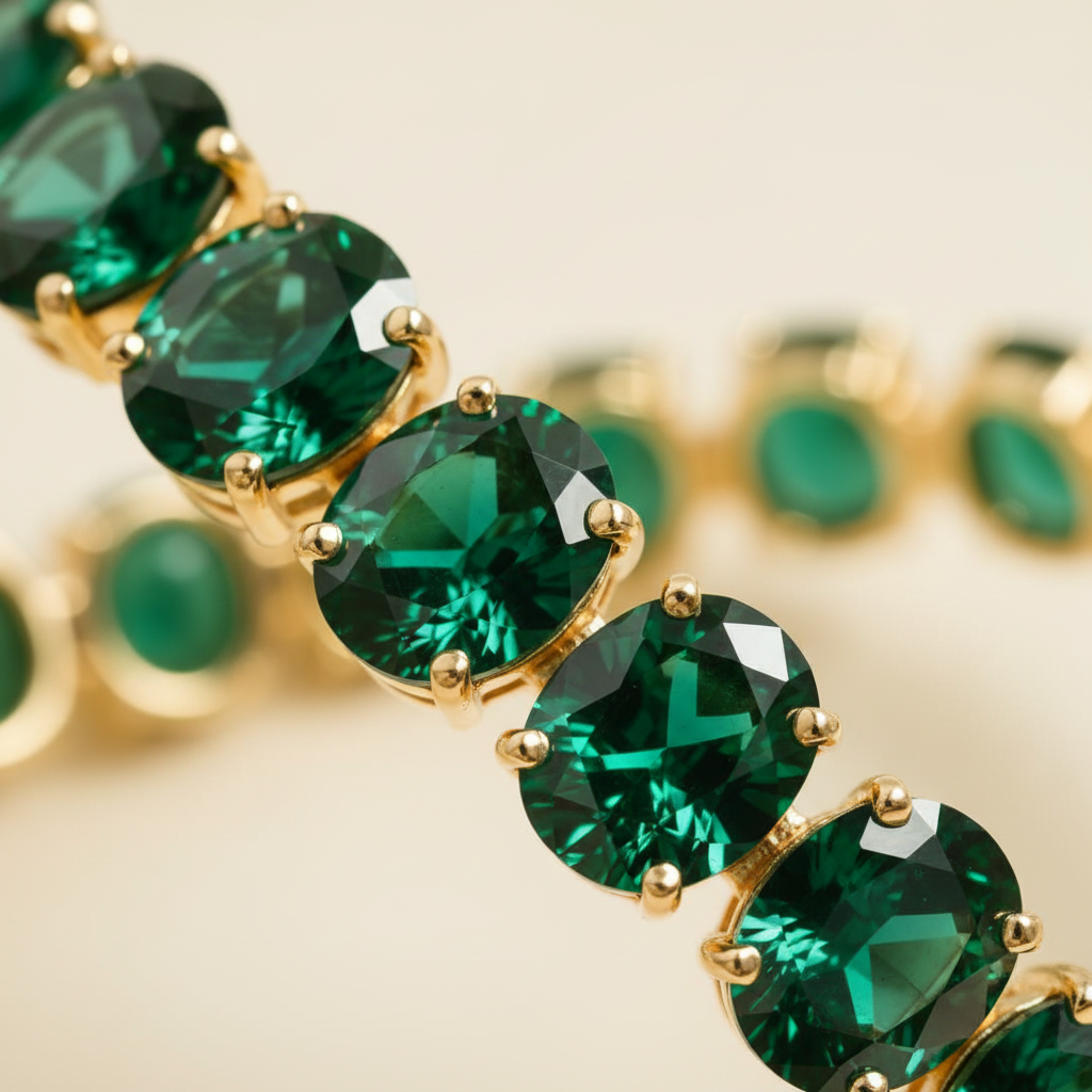 Chepi oval emerald tennis bracelet close-up stone and prong detail