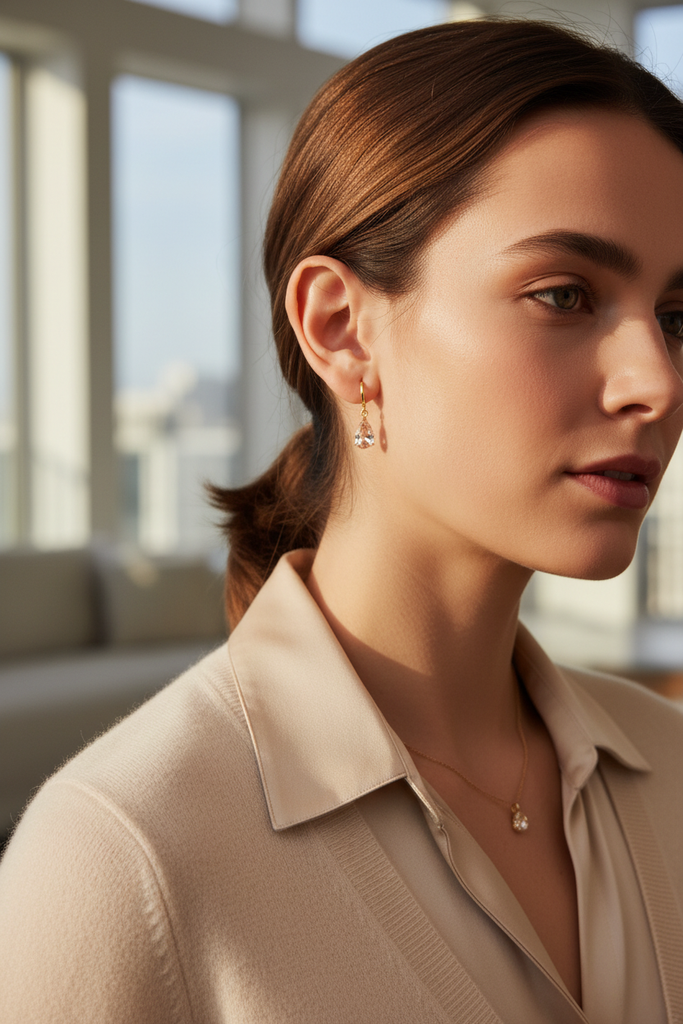 Rory champagne crystal teardrop drop earrings styled with everyday chic outfit