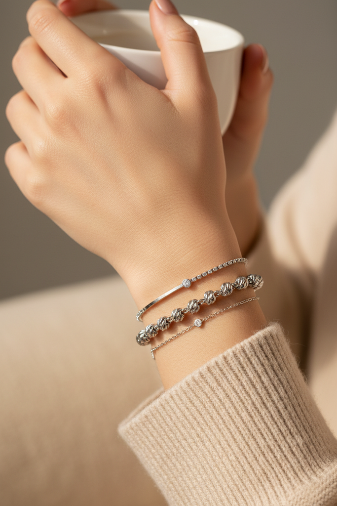 Charleston white gold twisted ball chain bracelet stacked bracelet styling