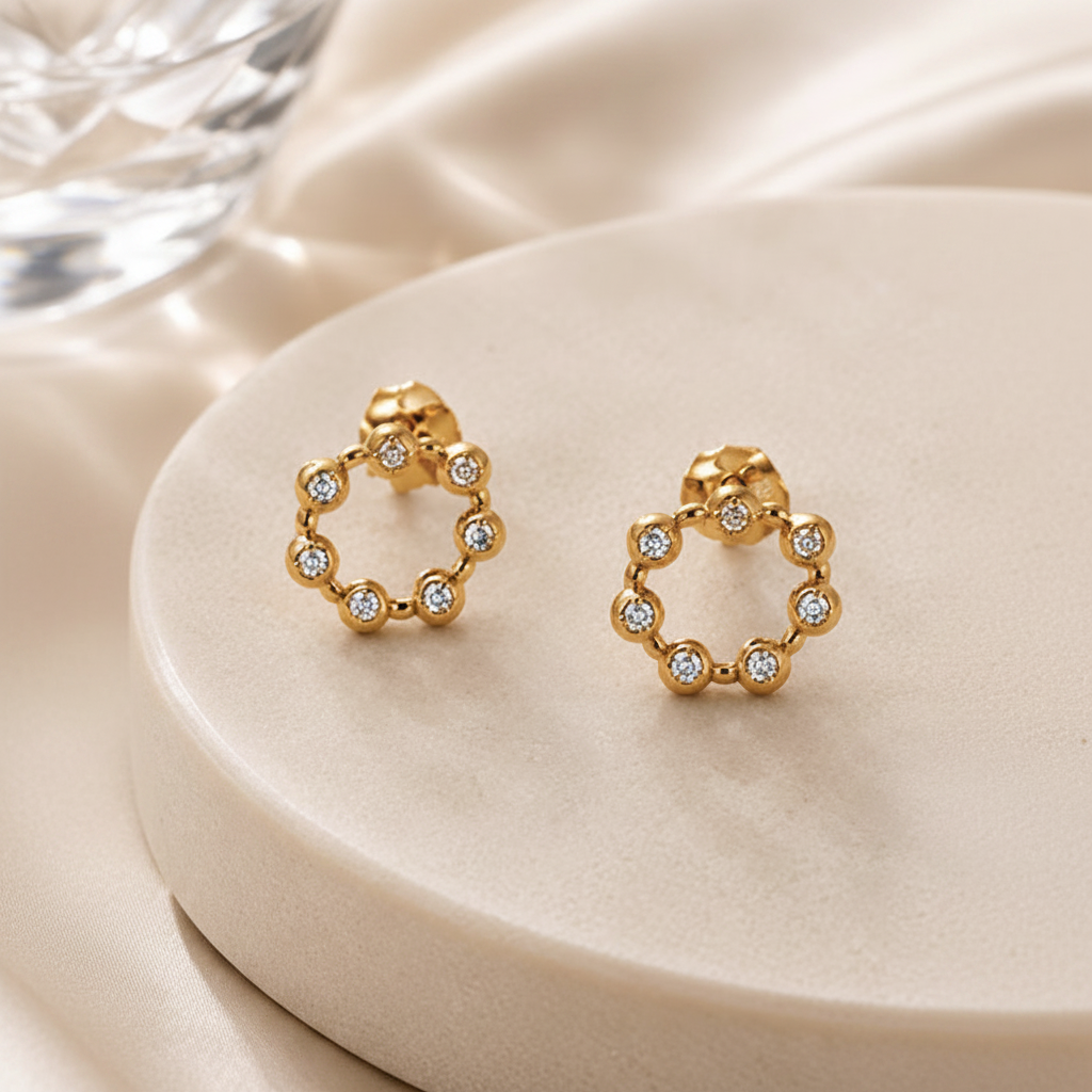 Savannah gold crystal stud earrings close-up crystal circle detail