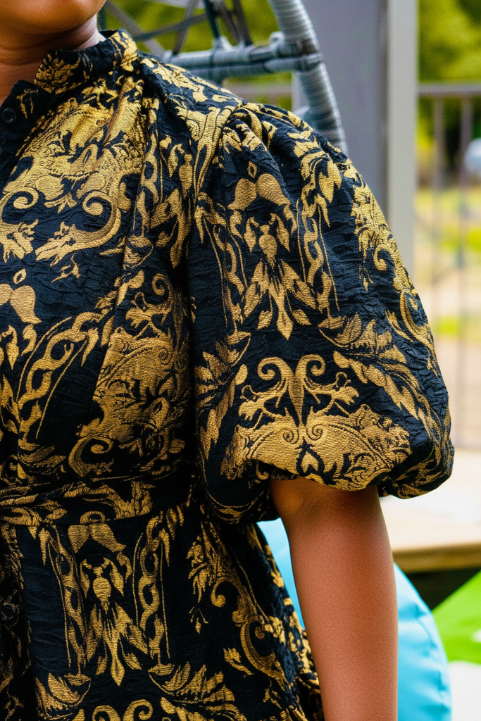 Gabrielle Dress - close-up baroque tapestry print puff sleeve detail