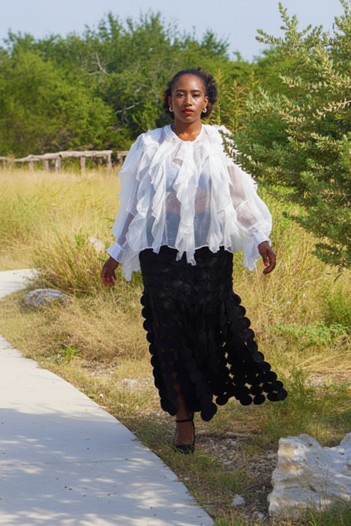 Afia Circle Motif Skirt - outdoor path white ruffled blouse styling