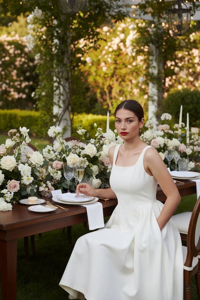 Ezra White Pleated Day Dress - bridal brunch garden party seated