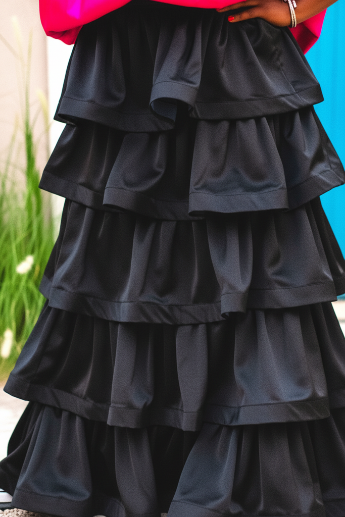 Camille Five Tier Skirt Dress - close-up ruffle tiers sateen detail