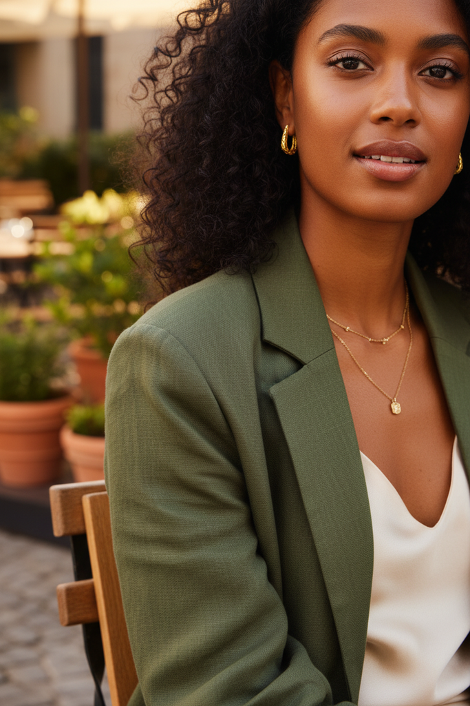 Tallulah gold filigree huggie hoop earrings styled with casual chic everyday outfit