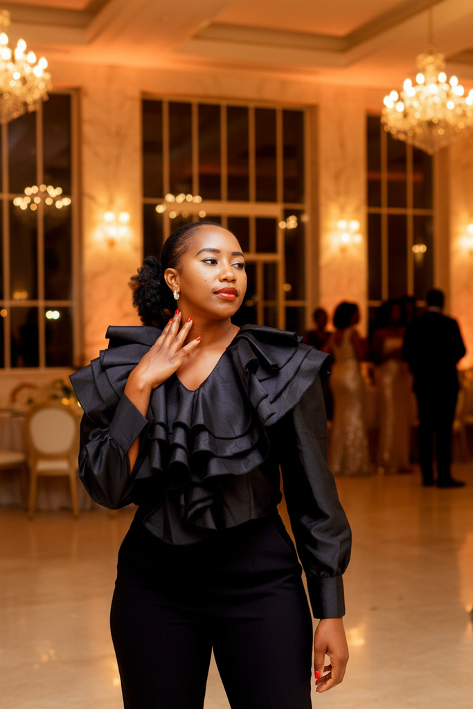 Dodzi Black Ruffle Top - styled with trousers at event venue