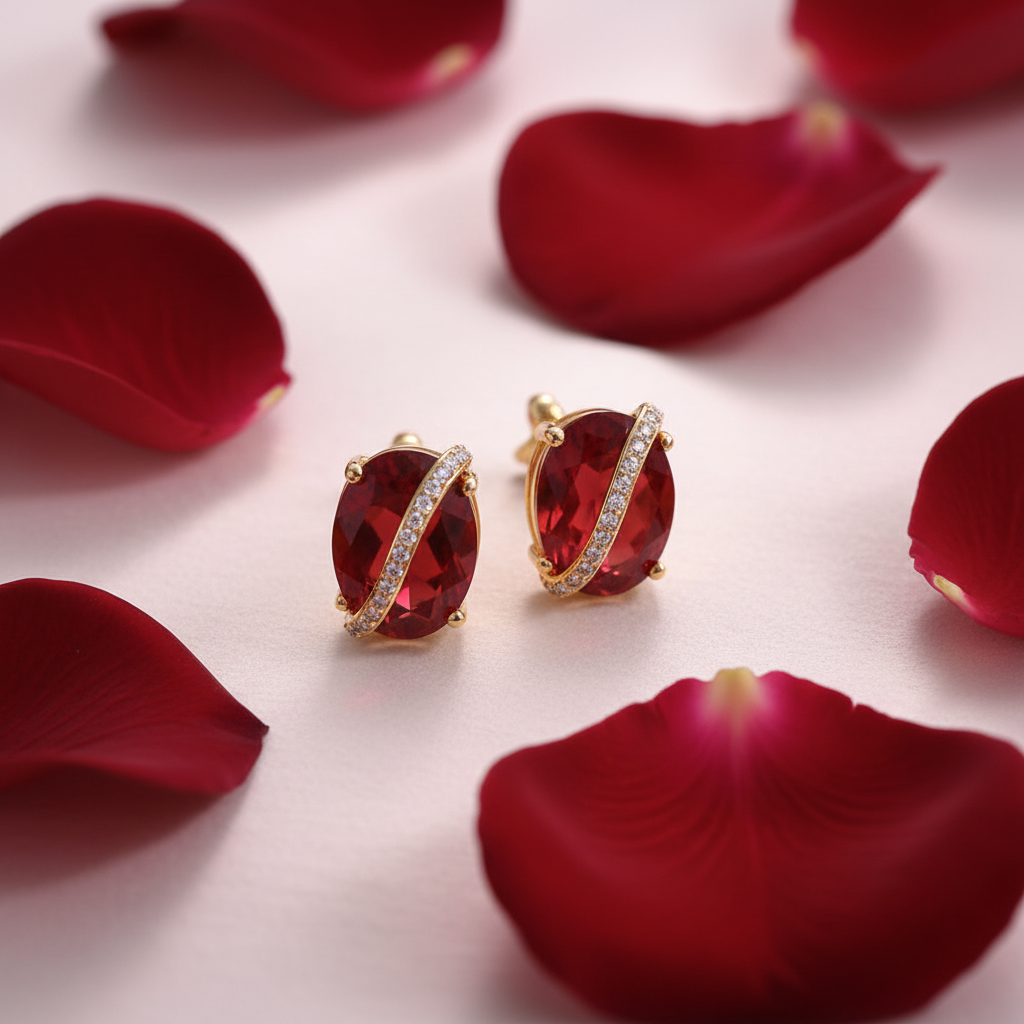 Arlette ruby red stud earrings romantic rose petal display