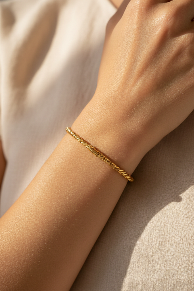 Langley slim closed gold twisted rope bangle on-wrist single wear