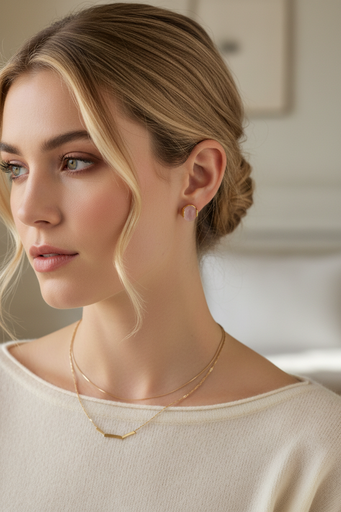 Rylee baby pink resin stud earrings styled with feminine everyday outfit