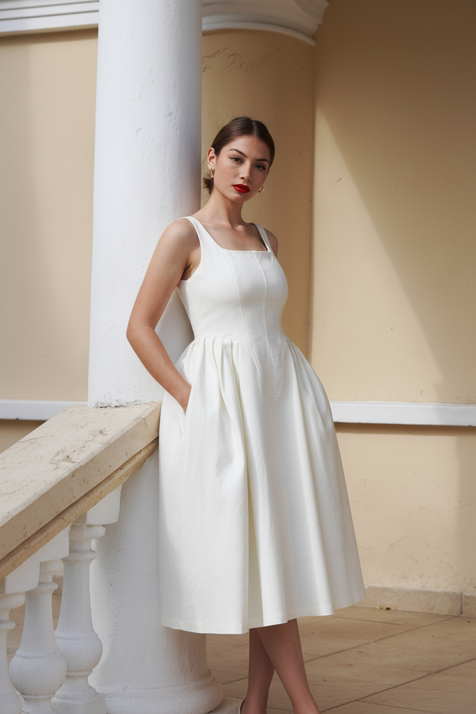 Ezra White Pleated Day Dress - white columns hands in pockets red lips