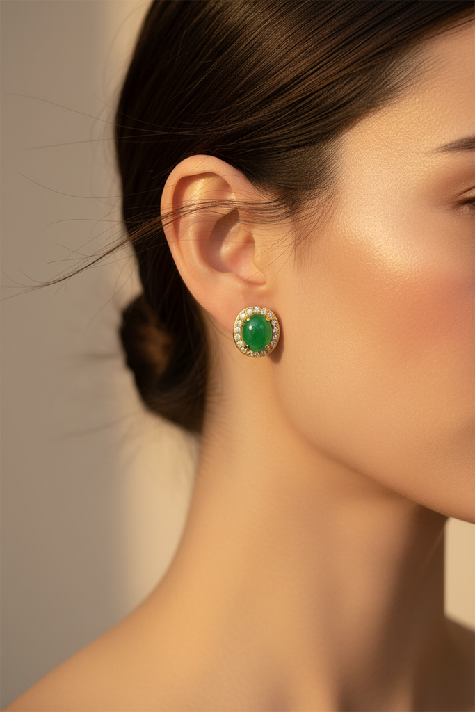 Belvedere Green Stud Earrings worn on ear, lifestyle shot