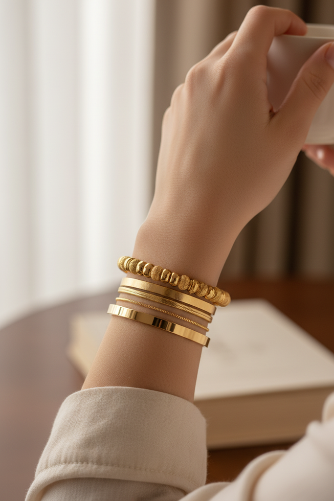 Ronasn gold beaded bangle bracelet stacked bracelet styling