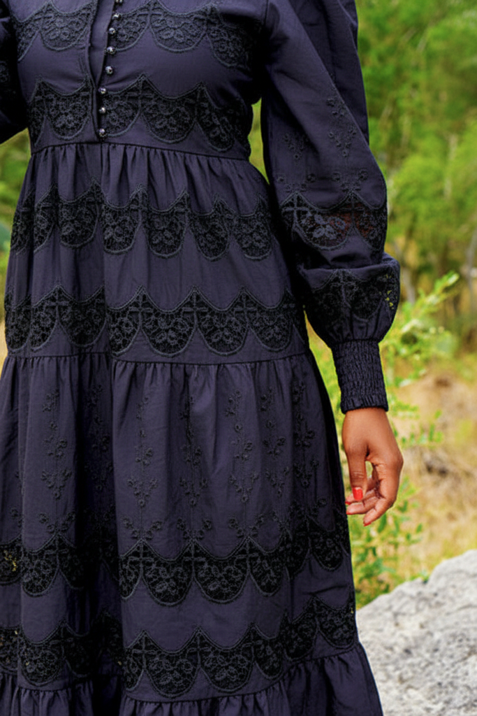 Danso Eyelet Victorian Dress - close-up eyelet lace trim puff sleeve detail