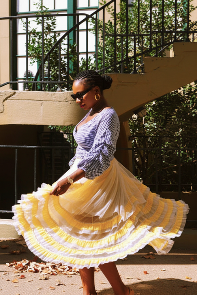 Adwoa Yellow & Gray Tulle Skirt - twirling showing full skirt movement